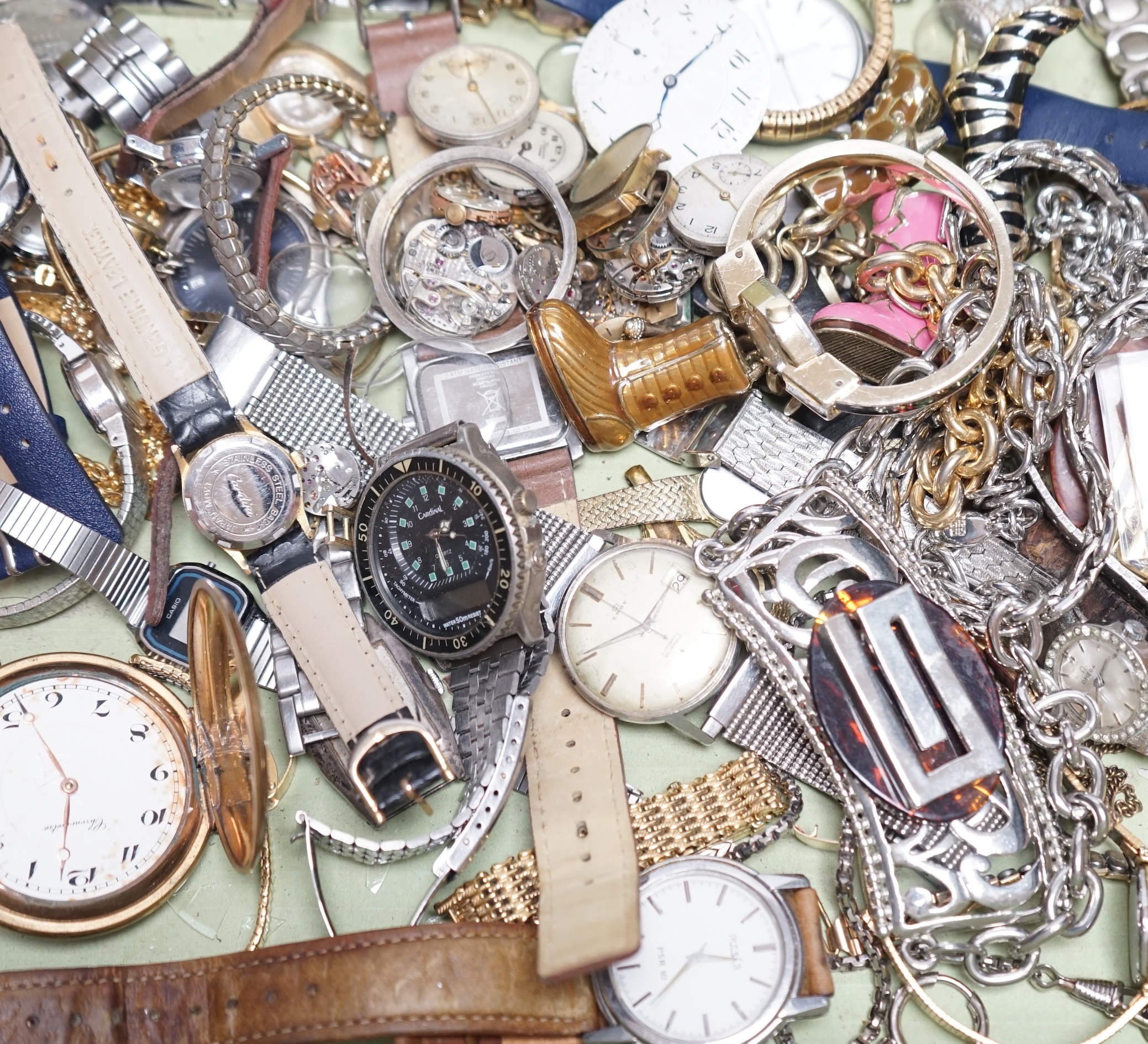 A small collection of assorted lady's and gentleman's wrist watches including Seiko, Erbe and Timex, a pocket watch and assorted costume jewellery including Givenchy. Condition - poor